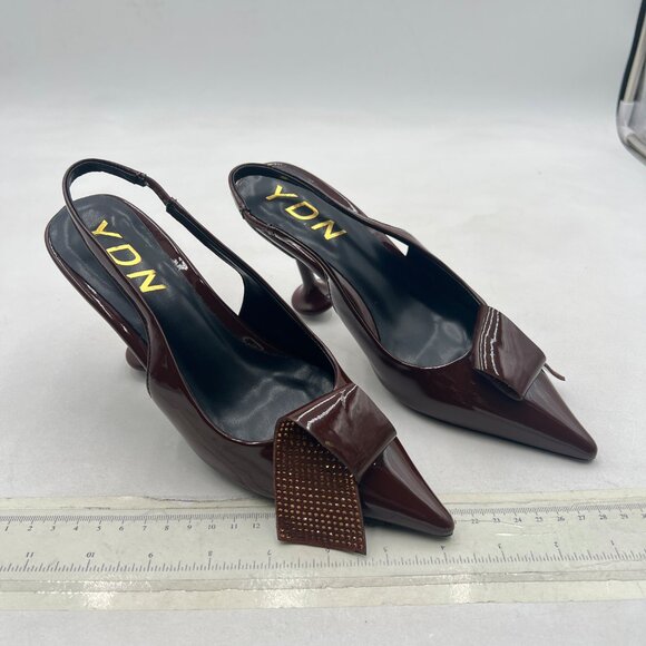 YDN Brown Studded Pumps Pointed Toe Slingback Chunky Heels Slip On Shoes Party - Picture 4 of 8